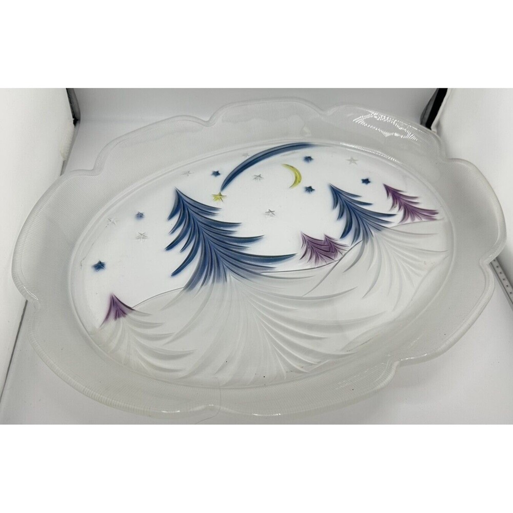 Vintage Mikasa Colored Glass Platter Stary Studio Nova Winter Star Moon Tree 15”